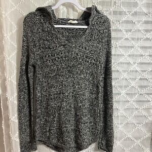 Grey and white knit casual sweater with hood